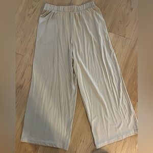 OAK + FORT Tan wide lag, flowy, cropped bottoms.